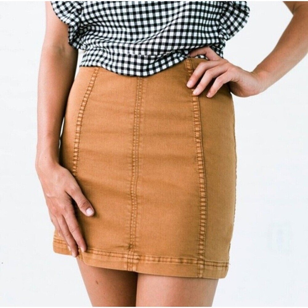 Free People Womens Size 8 Mustard Tan Panel Seam Mini Skirt Stretch Cotton Blend